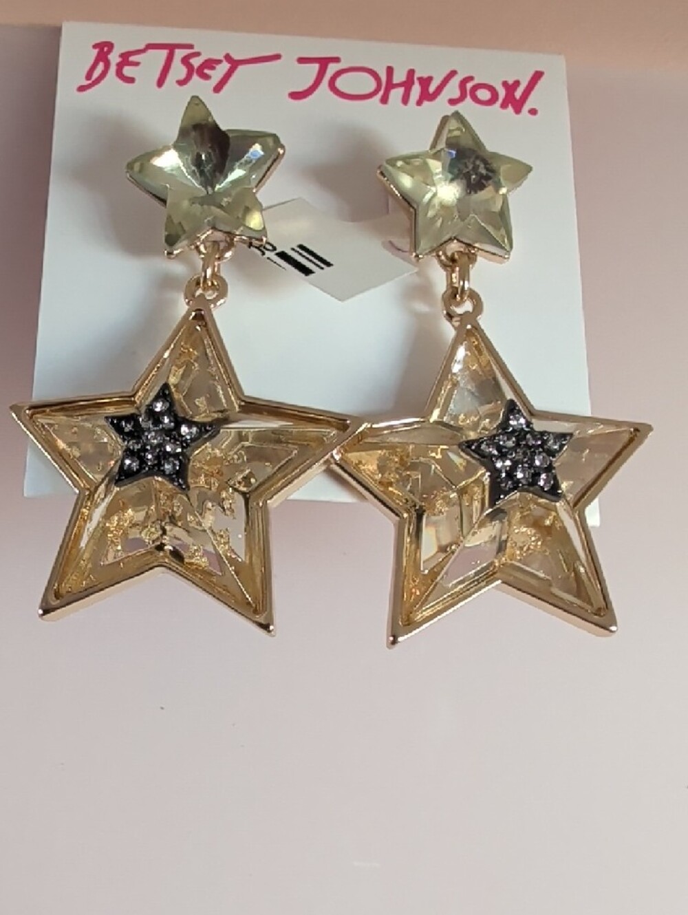 NWT. Betsey Johnson Cetelial Punk Gold and Clear Star Drop Earrings.